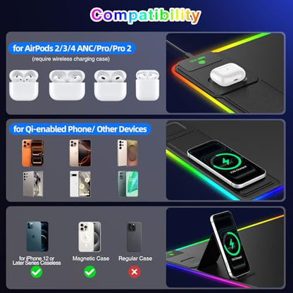 XXL RGB LED Gaming Mouse Pad with Magnetic Wireless Charger & Foldable Phone Holder, 31.5"x15.8" Extended Ultra-Smooth Desk Mat, 25 Lighting Effects, Non-Slip Base - color: RGB-Magnetic Stand-31.5"x15.8"-Left