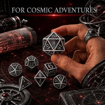 Radiant Array Metal DND Dice Set, 7-Piece Black Red Dice | Solid zinc alloy dice with weighty feel, raised numbers, black red enamel design, and a collector box for RPG play. - color: Black