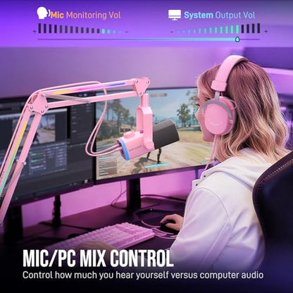 FIFINE AM8PROTP XLR/USB Gaming Microphone Kit, Dynamic RGB Streaming Mic | Podcast Mic Set with Boom Arm Stand, Compatible with PC/PS4/PS5/Mixer, with Headphone Jack, Volume Knob, Mute, Pink - color: Pink