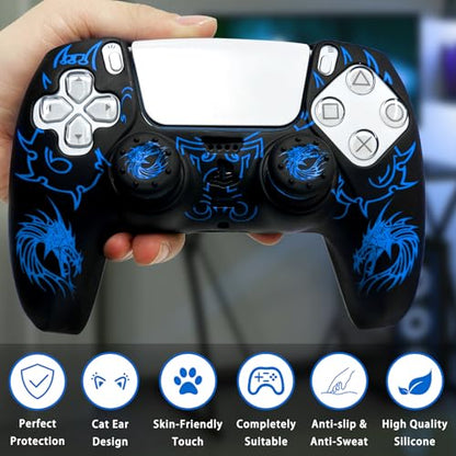 PS5 Controller Silicone Cover with Laser-Engraved Dragon Design - Non-Slip Grip Skin + 2 Dragon Thumbstick Caps | Stylish Protective Case for PlayStation 5 Controller - color: Lightning Dragon Blue