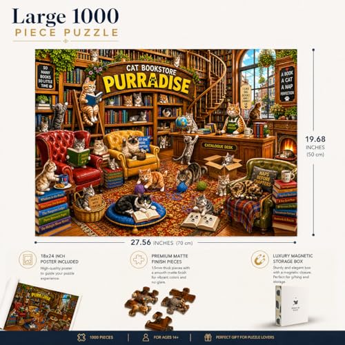 Cat Bookstore Purradise 1000 Piece Jigsaw Puzzle, Cozy Library Cats Theme, 19.68 x 27.56 Inches