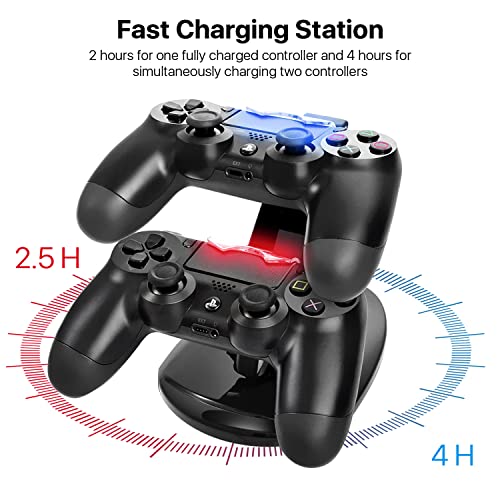 TNP PS4 Controller Charger Dock for 2 DualShock 4 Controllers, Black | Dual PS4 charging station charges 1 controller in about 2 hours or 2 in about 4 hours, with LED status indicators.