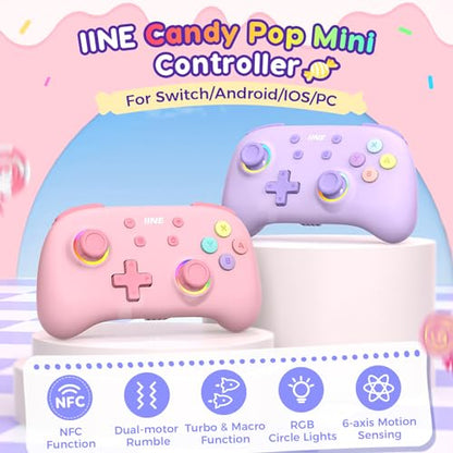 IINE Wireless Controller for Switch/PC/Android/IOS, Cute Gamepad with RGB Lights, Mini Pro Controller with Turbo/Macro/NFC Amiibo/Motion Sensor/Wake-Up/Rumble (Purple) - color: Purple
