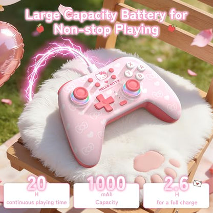 Kuitmor Hello Kitty Switch Pro Controller, Cute Hall Effect Wireless Gamepad No Drift for Switch 2/Switch/OLED/Lite, PC/Steam, Android, iOS, Bluetooth + Wired, Turbo, Back Buttons,6-Aixs Gyro, Wake-up, RGB (Pink, Without 2.4g Receiver) - color: Pink