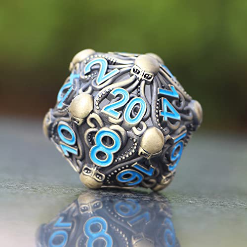Big Octopus Metal D20 Dice - Solid Antique Bronze Finish with Blue Numbers Die, for Cthulhu Mythos, Tabletop RPGs -DNDWoW BZQB - color: Antique Octopus Dice in Blue Numbers