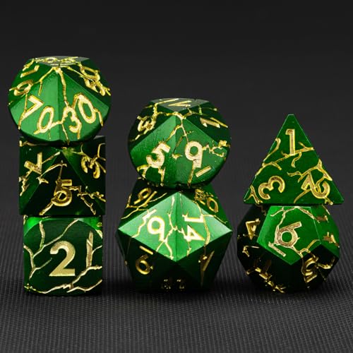 DND Dice Set Metal,Polyhedral D&D Metallic Heterotypic D and D Dice with Cracks for Dungeons and Dragons RPG TTRPG 7-Die Set with Gift Case (Crack, Green and Gold) - color: Green and Gold