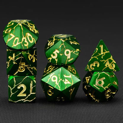 DND Dice Set Metal,Polyhedral D&D Metallic Heterotypic D and D Dice with Cracks for Dungeons and Dragons RPG TTRPG 7-Die Set with Gift Case (Crack, Green and Gold) - color: Green and Gold
