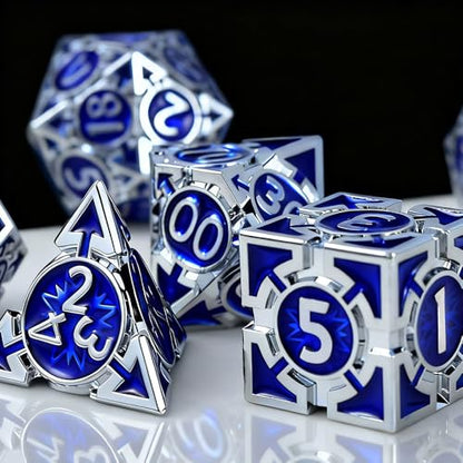 RULE DND Dice Set Metal Blue Solid Weighted D&D Dungeons & Dragons Polyhedral D20 D4 D12 D10 D% D8 D6 with Gift Box - color: Silver-dark Blue