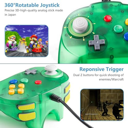 KIWITATA Retro Mini N64 Controller, N64 Wired Remote Bit Game Pad Upgraded Joystick Controller for Classic N64 Console Clear Green - color: green