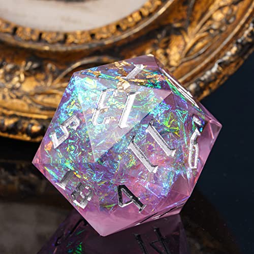Cusdie Single D20 DND Dice with Sharp Edges and Glitter Foil Inclusions, 20 Sided D&D Dice, 33mm Handcrafted Polyhedral Dice, for Role Playing Game (Purple/Silver Font) - color: Purple