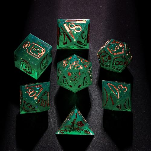 Cusdie 7-Die Sharp Edges DND Dice Set, Ranger Pattern Polyhedral D&D Dice Set for DND TTRPG Role Playing Games(Green w/Rose Gold Ranger Pattern) - color: Green W/Rose Gold Ranger Pattern