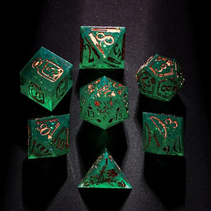 Cusdie 7-Die Sharp Edges DND Dice Set, Ranger Pattern Polyhedral D&D Dice Set for DND TTRPG Role Playing Games(Green w/Rose Gold Ranger Pattern) - color: Green W/Rose Gold Ranger Pattern