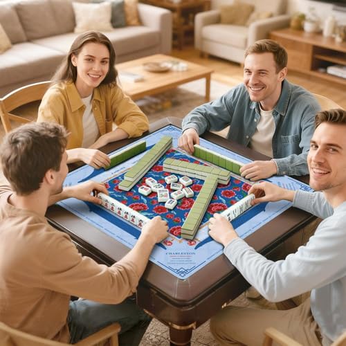 Mahjong Mat for Table with Carrying Bag & 3 Dice, Blue Red Floral 31.5"x31.5" Square Rubber Mahjong Table Cover, Non-Slip & Noise Reduction Gaming Mat for Mah Jongg, Poker, Dominoes & Tile Games - color: Blue and Red