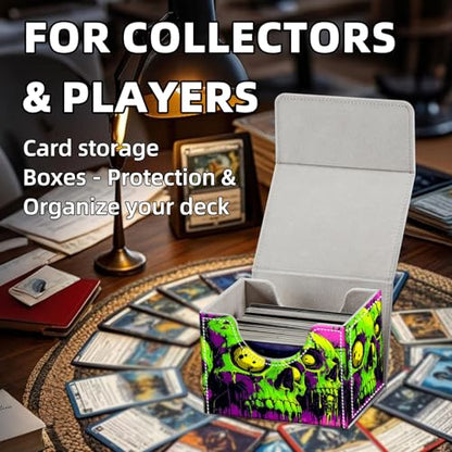 Trading Card Storage Box, Holds 100+ for MTG Cards, Premium PU Leather with Magnetic Closure, Green Skull Durable Deck Box for Magic the Gathering, Trading Card Games - color: Green Skull