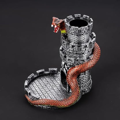 Castle DND Dice Tower Grey D&D Dice Rolling Tower for RPG Board Game | Snake Design, Resin, Dice Roller with Tray, Dungeons and Dragon DM Gift, DND Accessories, for Role Playing Game Tabletop Game - color: Silver