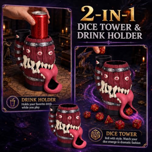 Dice Tower Mug, Dice Rolling Tower, Comes with 7 PCS Dice Set, Suitable for DND Dungeons and Dragons, Tabletop Games, Available As Drink Holder, D&D Gifts, DND Accessories (Wine-red Tongue) - color: Wine-red Tongue