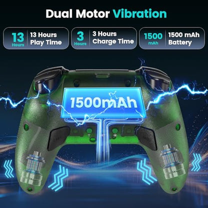 citnh Wireless Controller for PS-5/Pro/Slim/PC, with Transparent Shell/RGB Tape Light/Hall Effect Joyticks and Trigger/Macro/Turbo/3.5mm Audio Jack/Speaker and Mic/1500 mAh Large Battery Gamepad (Green)