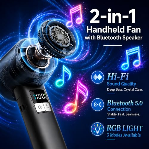 Portable Handheld Turbo Fan: 20000RPM Cooling - Bluetooth Speaker & 5000mAh | Stay Cool with Music - Foldable 4-in-1 Design - LED Display & RGB Lighting - 100 Speed Scroll Wheel - For Festivals Gifts - color: Matte Black