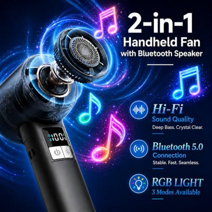 Portable Handheld Turbo Fan: 20000RPM Cooling - Bluetooth Speaker & 5000mAh | Stay Cool with Music - Foldable 4-in-1 Design - LED Display & RGB Lighting - 100 Speed Scroll Wheel - For Festivals Gifts - color: Matte Black