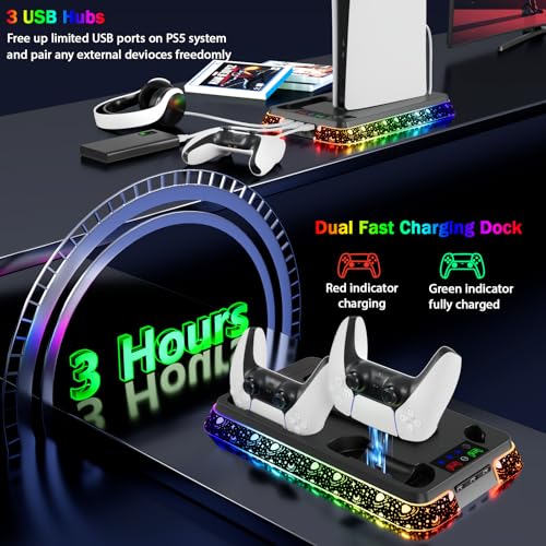 PS5 Cooling Station for PlayStation 5 Console, PS5 Stand & Charging Station with RGB, PS5/Slim/Pro Controller Charger Incl. 3 Level Fan,Headset, PS5/Slim/Pro Accessories with 3 USB Ports - color: Star-black