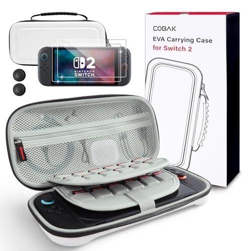 CoBak Large Capacity Carrying Case for Nintendo Switch 2 (2025) | 3 in 1 Accessories Bundle with 2 Screen Protectors, Thumb Grip Caps, 24 Game Cartridges, Hard Shell Portable Travel Pouch - color: White, size: 7.9 inch