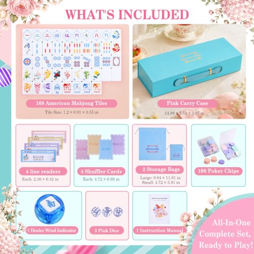 Blue American Mahjong Set, 3D Engraved Melamine Tiles with Travel Bag and 3 Dice, 1.2-Inch Mini Mahjong Tile Set for Adults, Beginners and Game Night - color: Blue