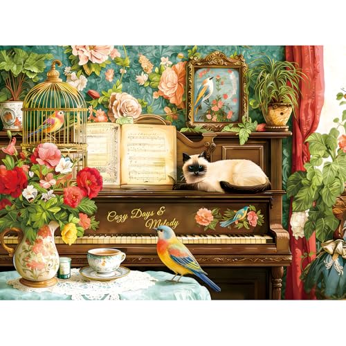 500 Piece Jigsaw Puzzle for Adults –Cat Piano Flowers Jigsaw Puzzles 500 Pieces, Vintage Floral Wallpaper Puzzles for Adults 500 Pieces, Challenging Perfect for Game Nights, 20.5 X 15 in - color: Cat Piano