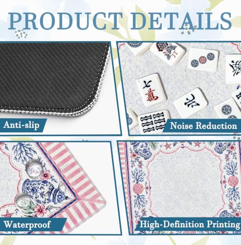 Blue Chinoiserie Coastal Beach Mahjong Mat 31.5x31.5 Inch | Preppy Pink Floral Coastal Starfish Non-Slip Noise Reduction Mah Jong Table Mat Cover Gifts for Mahjong Lovers Dominoes - color: Chinese-style Beach
