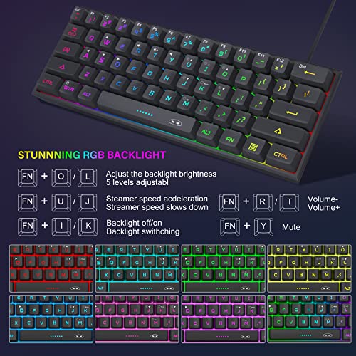 MageGee Mini 60% Gaming Keyboard, RGB Backlit 61 Key Ultra-Compact Keyboard, TS91 Ergonomic Waterproof Mechanical Feeling Office Computer Keyboards for PC, MAC, PS4, Xbox ONE Gamer(Black) - color: Black