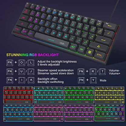 MageGee Mini 60% Gaming Keyboard, RGB Backlit 61 Key Ultra-Compact Keyboard, TS91 Ergonomic Waterproof Mechanical Feeling Office Computer Keyboards for PC, MAC, PS4, Xbox ONE Gamer(Black) - color: Black