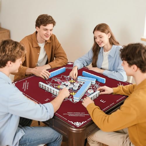 DEVPNR Mahjong Mat for Table with Rules, 32.6"x32.6", Red | Non-Slip Table Cover, Noise-Reducing, with Rules, Portable with Travel Bag, for American Mahjong, Poker, Card & Board Games - color: Red