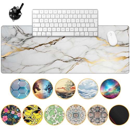 Desk Mat,Gold Line Marble Gaming Mouse Pad,31.5""X15.7"" Large Desk Pad with Stitched Edge Non-Slip Base Keyboard Big Mouse Pad for Office Home Work Gaming-White, WDQ-D02 - color: Marble Granite with Gold Texture