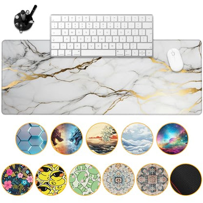 Desk Mat,Gold Line Marble Gaming Mouse Pad,31.5""X15.7"" Large Desk Pad with Stitched Edge Non-Slip Base Keyboard Big Mouse Pad for Office Home Work Gaming-White, WDQ-D02 - color: Marble Granite with Gold Texture