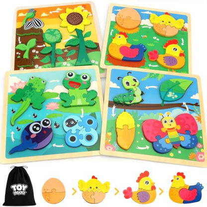 TOY Life Life Cycle Toys Puzzles for Kids, Wooden Puzzles for Toddlers 2-4, 4 Large Pieces Animal Puzzle for Toddlers 1-3, Montessori Toys for 1 2 3 Year Old Boy Girl, Baby Kids Educational Toy