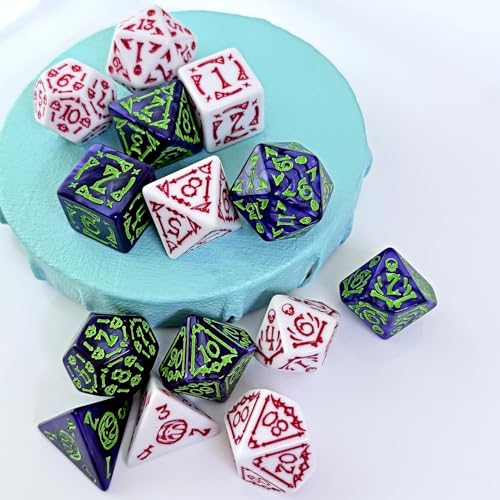 DND Dice 2 X 7Sets, 14Pieces Raised Pattern White Red and Purple Green Mixed Polyhedral DND Dice for RPG MTG Table Game Dice