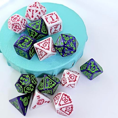 DND Dice 2 X 7Sets, 14Pieces Raised Pattern White Red and Purple Green Mixed Polyhedral DND Dice for RPG MTG Table Game Dice