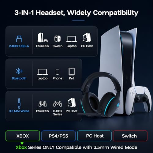 AOC 2.4GHz Wireless Gaming Headphones for PS5, PS4 Fortnite & Call of Duty/FPS Gamers, PC, Switch, Bluetooth 6.0 Gaming Headset with Noise Canceling Mic, 7.1 Virtual Surround, 45Hr Battery -Black - color: Black