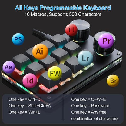 Koolertron Macro Programmable Keypad, One Handed Programmable Mechanical Keyboard, RGB Blue Switch Hot Swappable, 12 Keys 2 Knob Backlit Keypad for Working and Gaming, Black - size: 12-key (2 Knob)