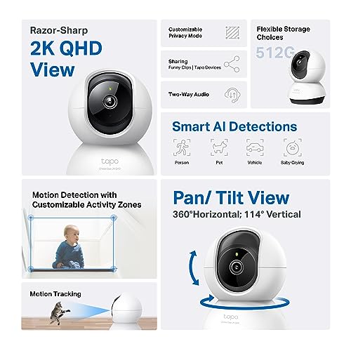 TP-Link Tapo 2K QHD Pan/Tilt Security Camera for Pet Camera, Baby Monitor, Motion Detection, Motion Tracking, 2-Way Audio, Night Vision, Cloud &SD Card Storage, Works w/Alexa & Google Home(Tapo C220) - style: 2K QHD