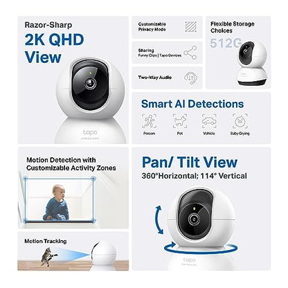 TP-Link Tapo 2K QHD Pan/Tilt Security Camera for Pet Camera, Baby Monitor, Motion Detection, Motion Tracking, 2-Way Audio, Night Vision, Cloud &SD Card Storage, Works w/Alexa & Google Home(Tapo C220) - style: 2K QHD