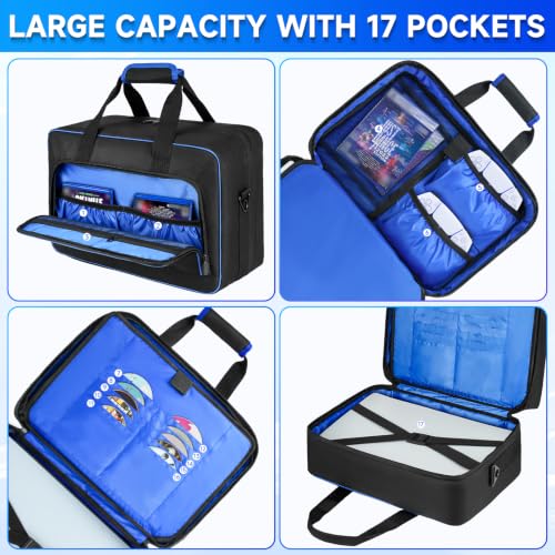 Carrying Case Compatible with PS5/PS5 Pro/PS4,17 Pockets Travel Storage Bag with Thick Padding Compatible with Playstation 5/PS5 Digital Edition,Controller,Game Discs,Charger & Accessories,Black,Blue | 17 Pockets Protective Storage Bag Compatible with Pla