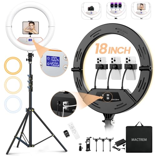 18" Foldable Ring Light with Stand for iPhone ipad, LED Display/2 USB Ports/4 Phone Tablet Holders, 2700-6500K Dimmable Ring Light for Tattoo Barber Makeup Studio Video Recording Photography - color: Black, size: 18Inch