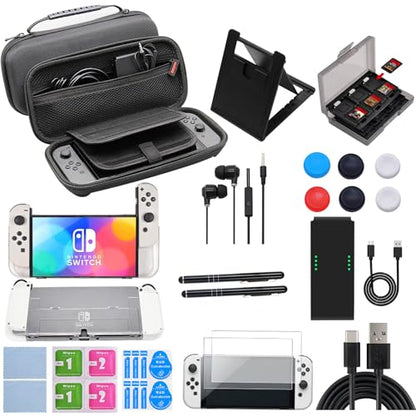 Accessories Bundle for Nintendo Switch OLED, Travel Carrying Bag Case, Screen Protector, Charger & Cable, Game Holder and Headphones 18 in 1 Accessory Kit - size: 18 in 1 for Switch OLED