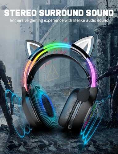 ONITOON Gaming Headset with Microphone, RGB Lights, Detachable Cat Ear, Lightweight Over-Ear Headphones with Adjustable Headband for PC, PS4, PS5, Mac, Switch, Surround Sound, in-Line Control, Black - color: Black