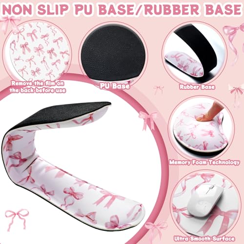 Relaxweex 4 Pcs Pink Bow Keyboard Mat and Mouse Pad Set Coquette Desk Mat Bowknot Mouse Pad with Wrist Rest Cute Keyboard Wrist Rest Preppy Cup Coasters Pink Ergonomic Design for Office Table Computer