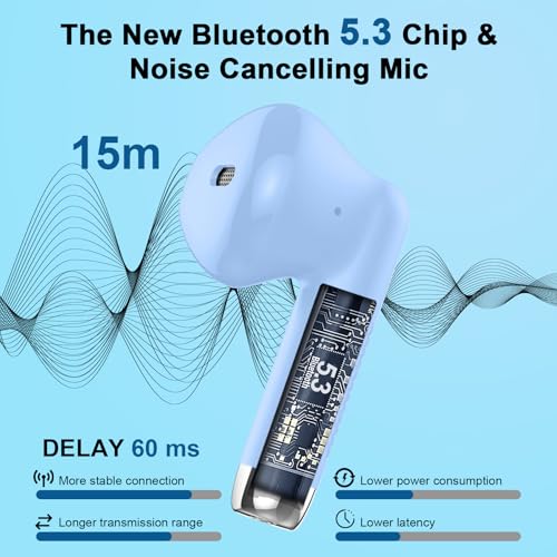 Wireless Earbuds, Bluetooth 5.4 Headphones in Ear with Noise Cancelling Mic, Bluetooth Earbuds Stereo Bass, IP7 Waterproof Sports Earphones, 32H Playtime USB C Charging Buds Light Blue for Android iOS - color: Light Blue