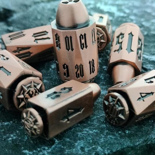 2025 Metal Polyhedral Bullet for DND Dice Set, 7Pcs Metallic D&D Dice with Gift Case for Dungeons and Dragon Game, RPG Role Playing Table Game Gifts (Bronze) - color: Bronze