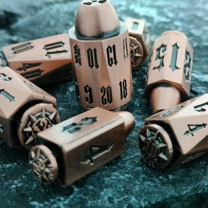 2025 Metal Polyhedral Bullet for DND Dice Set, 7Pcs Metallic D&D Dice with Gift Case for Dungeons and Dragon Game, RPG Role Playing Table Game Gifts (Bronze) - color: Bronze