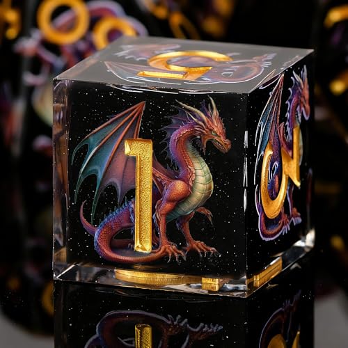 Dragon Pattern Double Layered Starry Sky Black Resin DND Dice Set, d4 d6 d8 10 d12 d20 7Pcs Sharp Edge D&D Dice for RPG MTG D and D Role Playing Desktop Games - color: Dragon Black