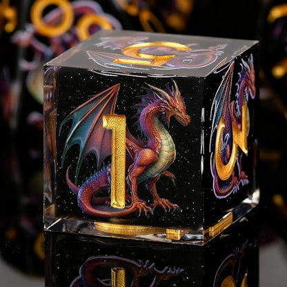 Dragon Pattern Double Layered Starry Sky Black Resin DND Dice Set, d4 d6 d8 10 d12 d20 7Pcs Sharp Edge D&D Dice for RPG MTG D and D Role Playing Desktop Games - color: Dragon Black